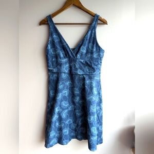 Patagonia Organic Cotton Blue Womens Mini Sun Dress Sz L Empire Waist Babydoll